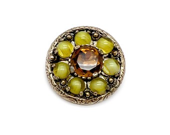 Miracle Pebble Brooch in Gold — Mid-Century Costume Scottish Kilt Pin with Citrine and Green Stones