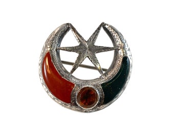 Crescent & Star Kilt Pin — Antique Victorian-Era Scottish Kilt Pin in Sterling Silver with Citrine, Bloodstone and Original Scottish Agate