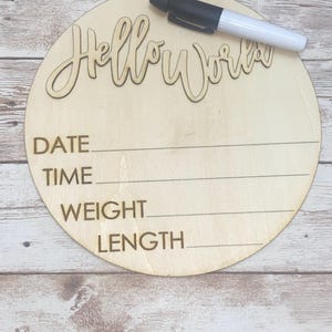 Baby Birth Stats &quot;Hello World&quot; Engraved Wooden Round Disc