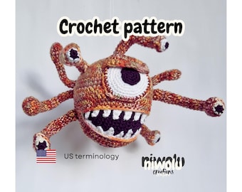 Crochet Pattern PDF: Beholder inspired. Tentacled 10-eyed monster DIY craft project.