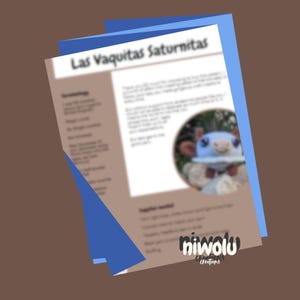 May include: A tan and blue document titled "Las Vaquitas Saturnitas" with a blurred image of a stuffed animal. The document has text and is layered over a blue sheet. The niwolu creations logo is visible.