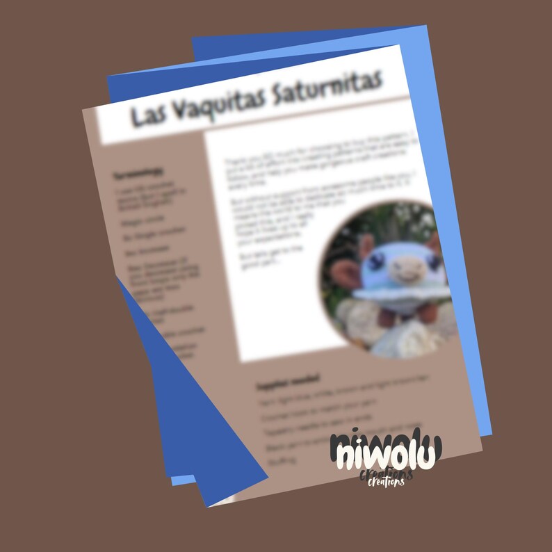 May include: A tan and blue document titled "Las Vaquitas Saturnitas" with a blurred image of a stuffed animal. The document has text and is layered over a blue sheet. The niwolu creations logo is visible.