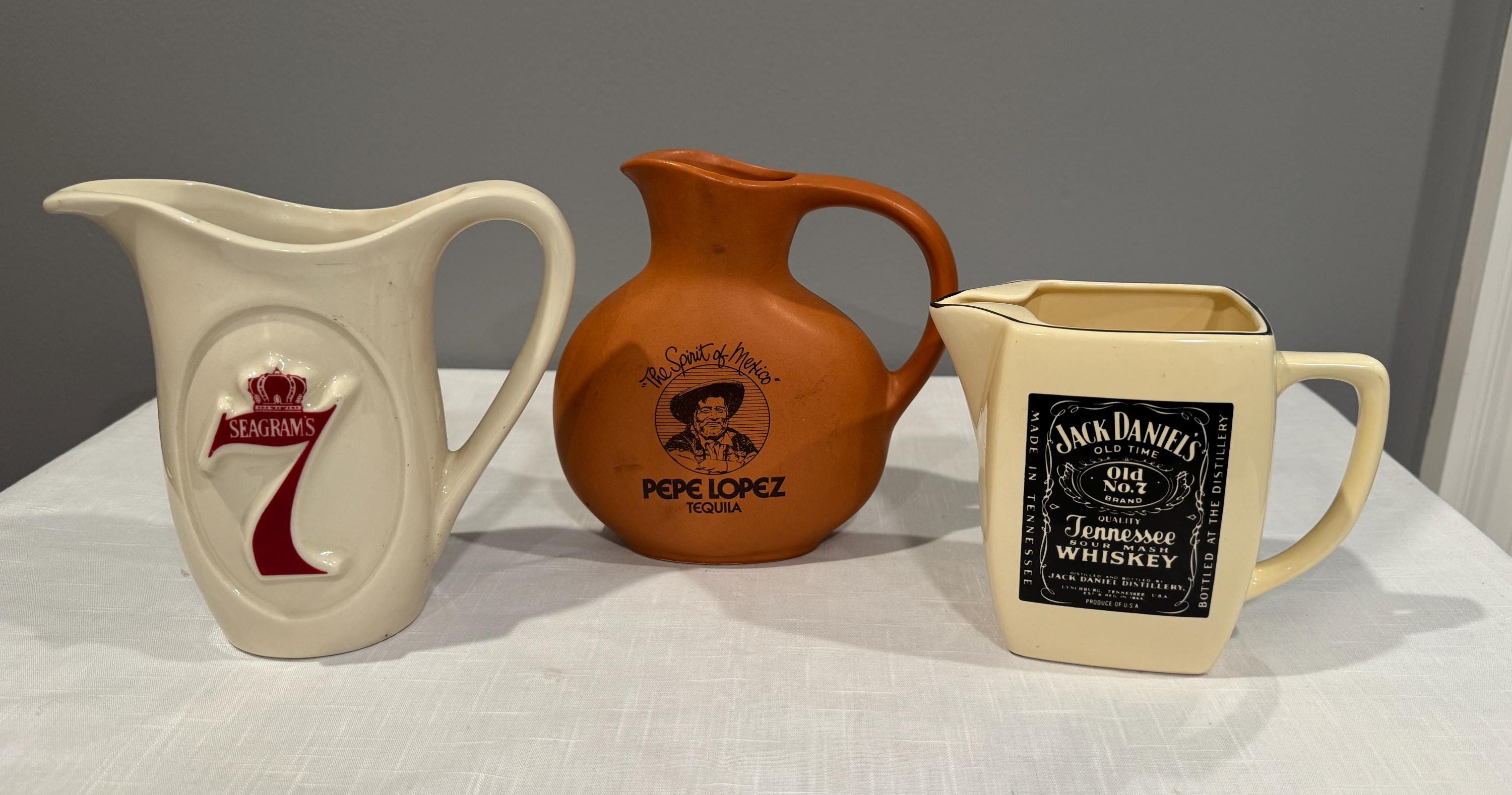 Vintage-1980's "Seagram's 7-Pepe Lopez Tequila-Jack Daniel's Bar Craft Pitchers