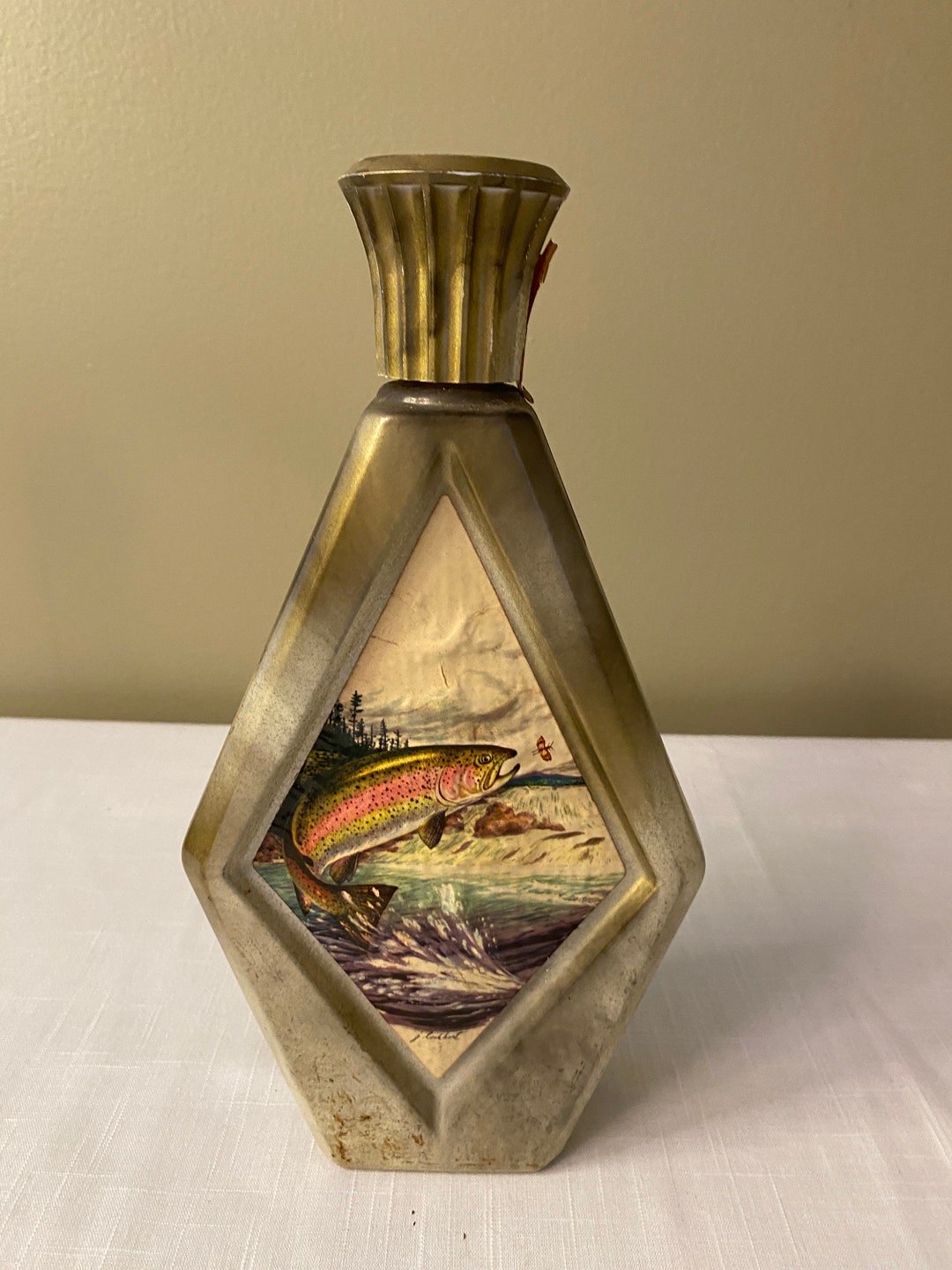 Vintage 1970's rainbow Trout by James Lockhart, Glass Jim Beam Whiskey