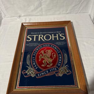 Rare-1970&#39;s Stroh&#39;s Brewery Since 1775 Glass Sign Bar Decor Man Cave Advertising Sign Bar Barware Mirror