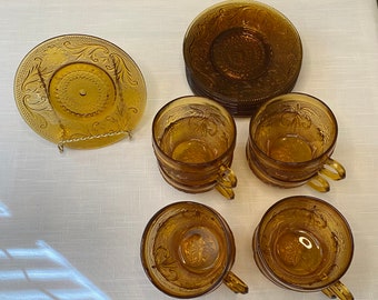 Vintage-Amber Indiana Glass Company Tea/Coffee Cups and Saucers - Set of 8