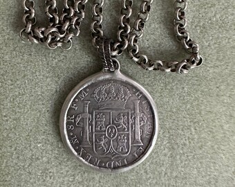 Soldered Replica of Scottish Coin Pendant, Rolo Chain, Antique Silver