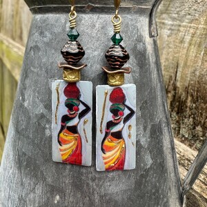 African Woman Silhouette, Tribal, Brass, Czech Glass