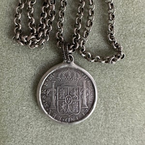 Soldered Replica of Scottish Coin Pendant, Rolo Chain, Antique Silver