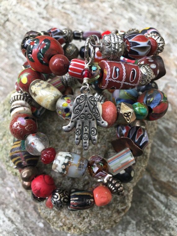 Krobo trade beads African powder glass recycled handmade stretched bracelet  | eBay
