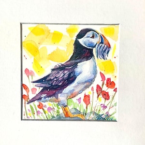 Puffin Giclée Print - 5 x 5 inches Mounted Watercolour Bird Artwork
