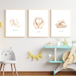 Poster nascita set di 3 / mani piedi / per nascita / regalo / stampa / DINA4 / acquerello / battesimo / promemoria / baby shower / gravidanza immagine 1