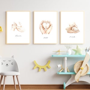 Geburtsposter 3er Set / Hände Füße / zur Geburt / Geschenk / Druck / DINA4 / Aquarell / Taufe / Erinnerung / Babyshower / Schwangerschaft