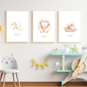 Poster nascita set di 3 / mani piedi / per nascita / regalo / stampa / DINA4 / acquerello / battesimo / promemoria / baby shower / gravidanza immagine 1