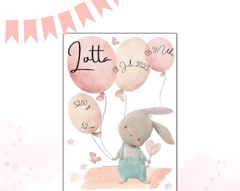 Geburt Poster, Geschenk zur Geburt, Erinnerung, personalisiert, Taufe, Baby Mädchen Junge, Hase, Luftballon Schmetterling, Geburtsdaten