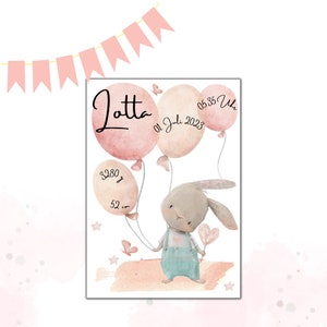 Poster di nascita Regalo di nascita Ricordo Battesimo personalizzato Neonata Ragazzo Coniglio Palloncino Farfalla Date di nascita