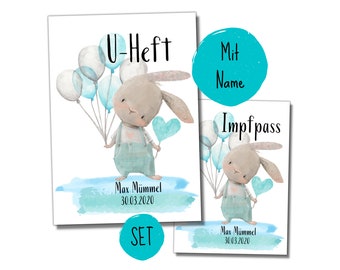 My-Little U-booklet + vaccination certificate sleeve set for boys | 'Rabbit blue with balloons'