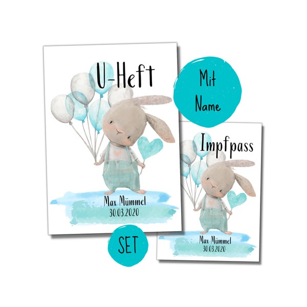 My-Little U-Heft + Impfpass Hüllen Set für Jungen | 'Hase blau mit Ballons'