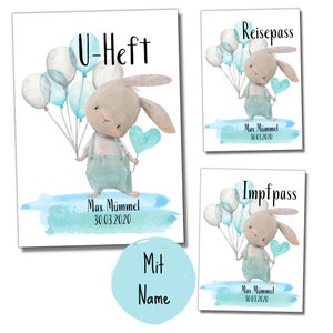 My-Little 3-fach Set | Reisepass + U-Heft + Impfpass Hüllen (Hase blau, Mit Personalisierung möglich)