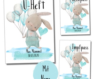 My-Little 3-fach Set | Reisepass + U-Heft + Impfpass Hüllen (Hase blau, Mit Personalisierung möglich)