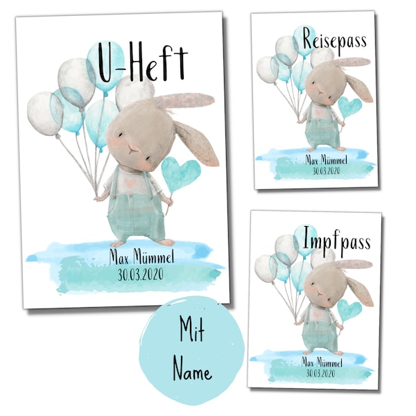 My-Little 3-fach Set | Reisepass + U-Heft + Impfpass Hüllen (Hase blau, Mit Personalisierung möglich)