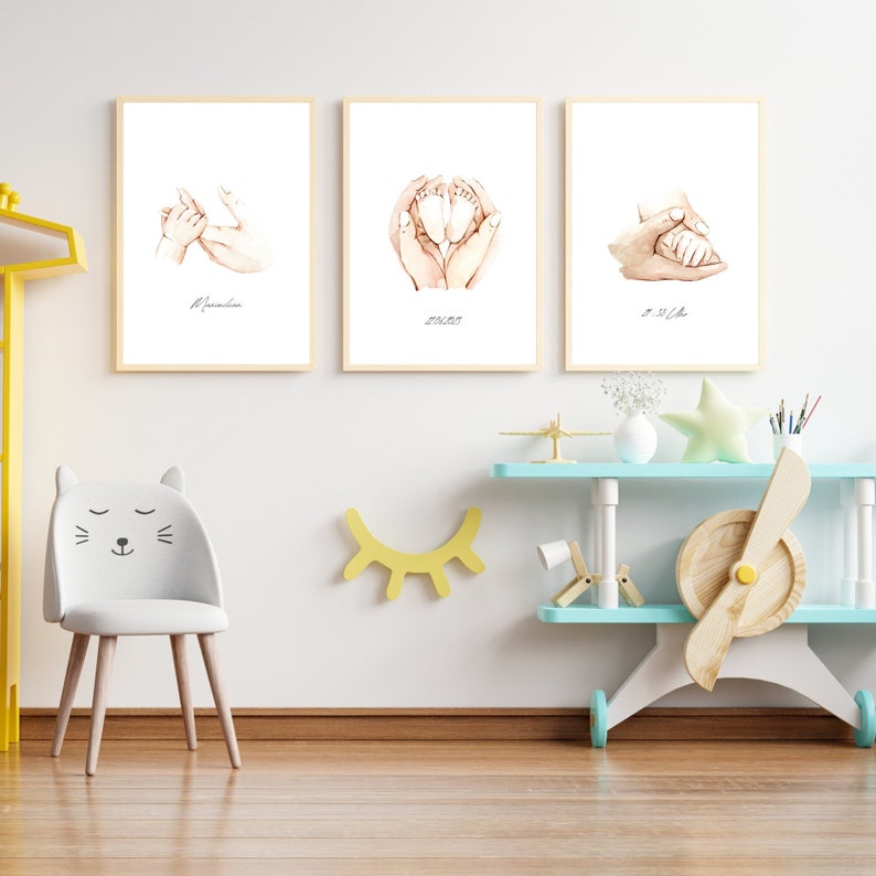 Poster nascita set di 3 / mani piedi / per nascita / regalo / stampa / DINA4 / acquerello / battesimo / promemoria / baby shower / gravidanza immagine 1