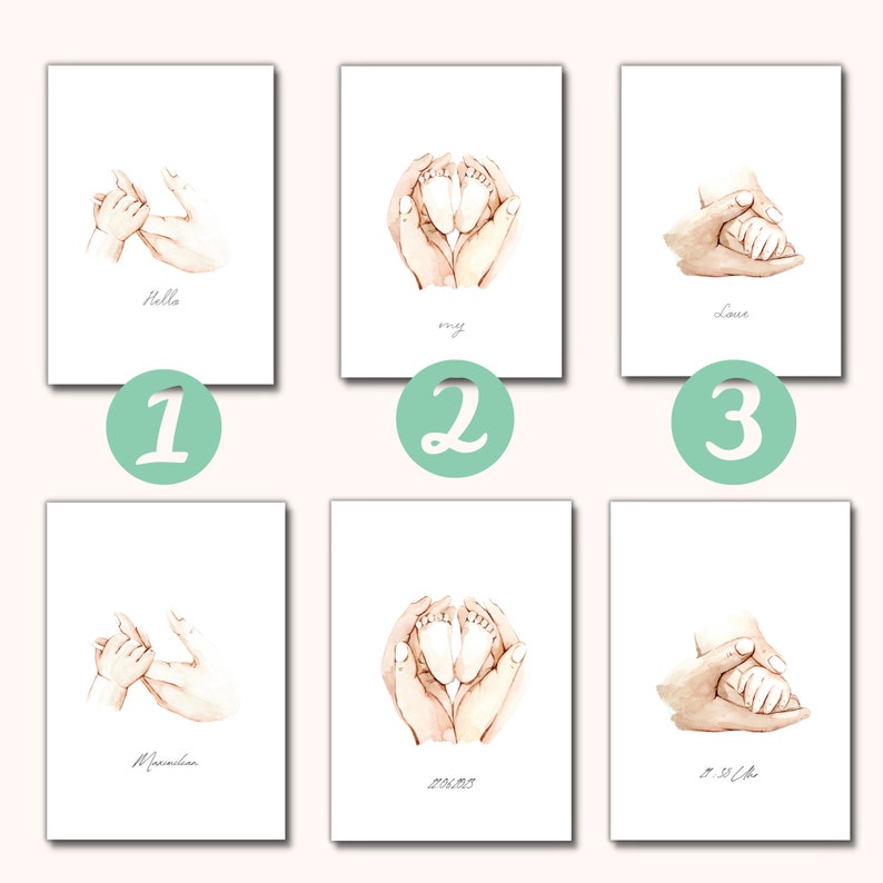 Poster nascita set di 3 / mani piedi / per nascita / regalo / stampa / DINA4 / acquerello / battesimo / promemoria / baby shower / gravidanza immagine 7