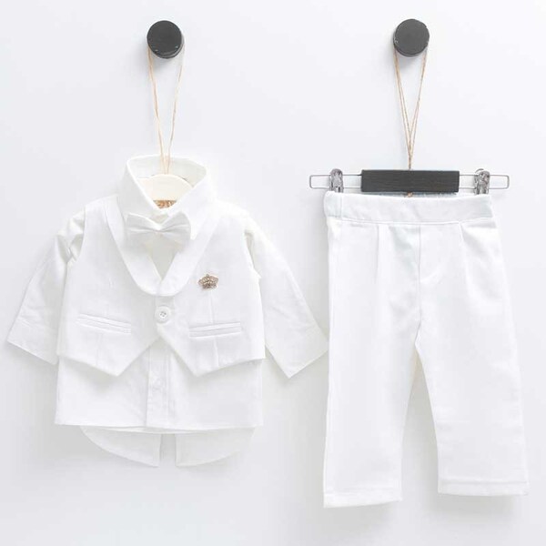 Baby Boys' White Baptism Suit Pants ,Bow tie,Vest,Booties and Long Sleeves Shirt,Classic Fit Tuxedo Suit with Tail 5 Pcs Set