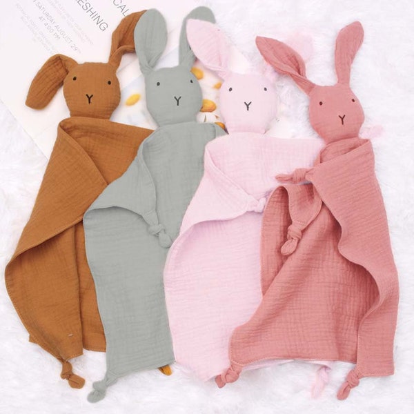 Personalized bunny comforter, soft sleeping toy, organic muslin baby lovey, bunny doudou, baby security blanket, monogrammed baby blanket