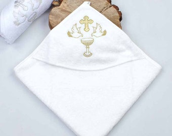 Baptism Personalized,80*80 cm Hooded Towel with Embroidered Cross, Name, and Date | Handmade Christening Towel