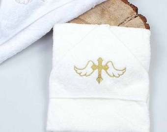 Baptism Personalized Towel ,75*80 cm Hooded Towel with Embroidered Cross, Name, and Date | Handmade Christening