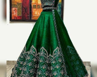 Designer Bottle green satin silk partywear wedding haldimehendi ready lehenga choli
