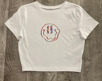 Warped Smiley Face Tie Dyed Fitted Crop Top