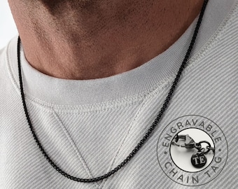 Cadena de acero inoxidable negra de 2,5 mm para hombre, collar personalizado, cadena grabada, cadena para hombre.