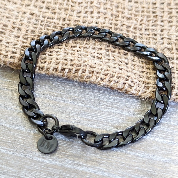 Personalized Mens Bracelet, 7mm Black Polished Curb Bracelet, Personalized Bracelet, Engraved Initials, Stainless Steel Bracelet for Men