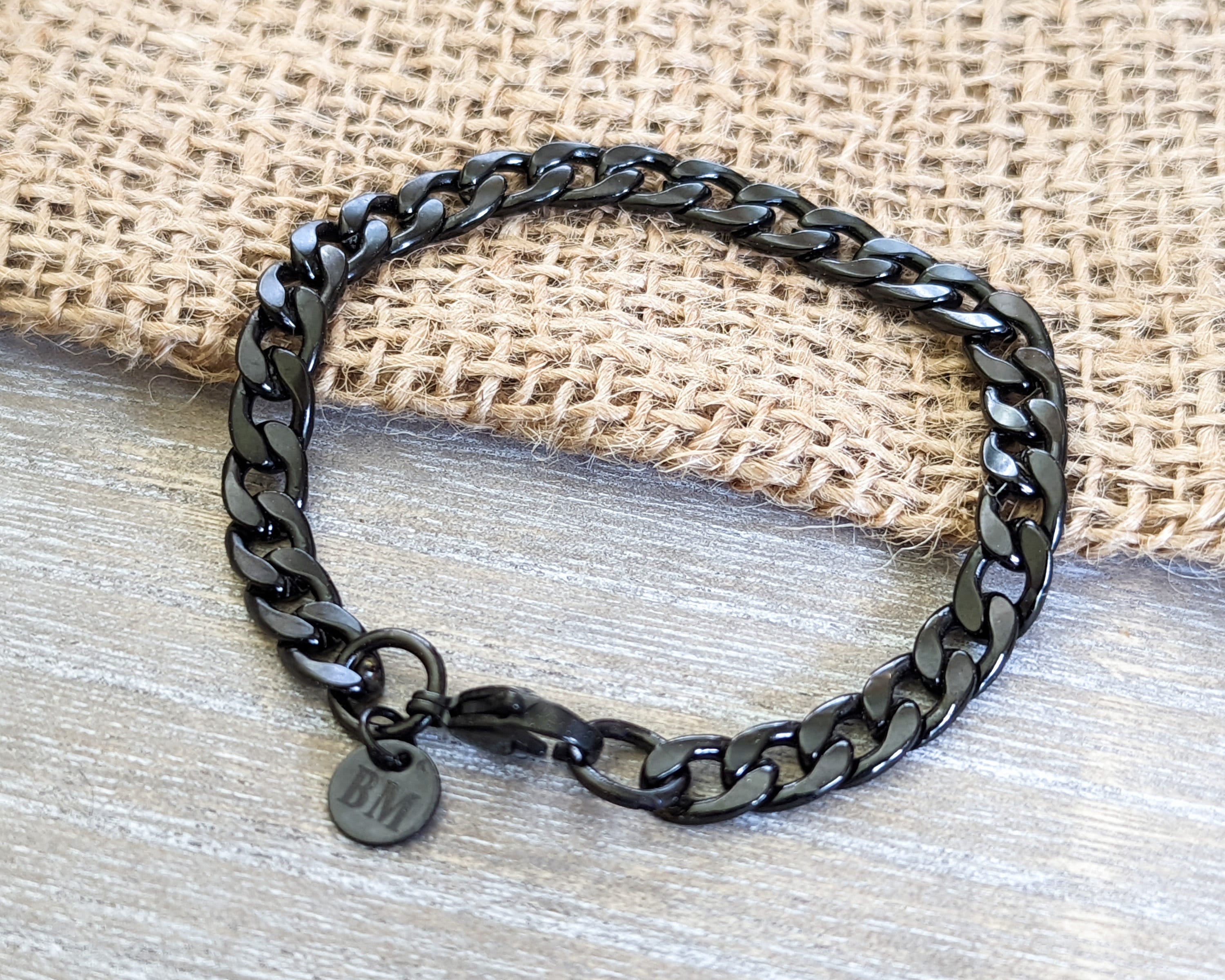 Personalized Mens Bracelet, 7mm Black Polished Curb Bracelet, Personalized Bracelet, Engraved Initials, Stainless Steel Bracelet for Men