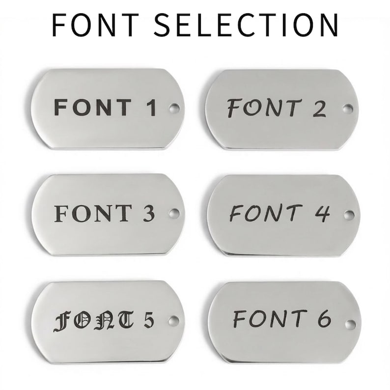 Puede incluir: Una selecci&oacute;n de seis etiquetas met&aacute;licas plateadas, cada una mostrando un estilo de fuente diferente. El texto "FONT SELECTION" est&aacute; en la parte superior. Cada etiqueta est&aacute; etiquetada con un n&uacute;mero de fuente del 1 al 6, mostrando varias opciones de tipograf&iacute;a.