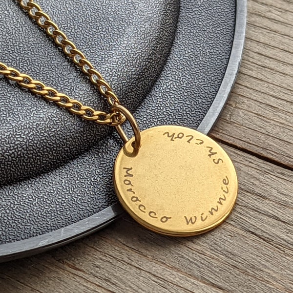 Personalized Necklace, 20mm Gold Custom Necklace, Custom Pendant, Circle Medallion Engraved Necklace, Personalized Coin Necklace , Men