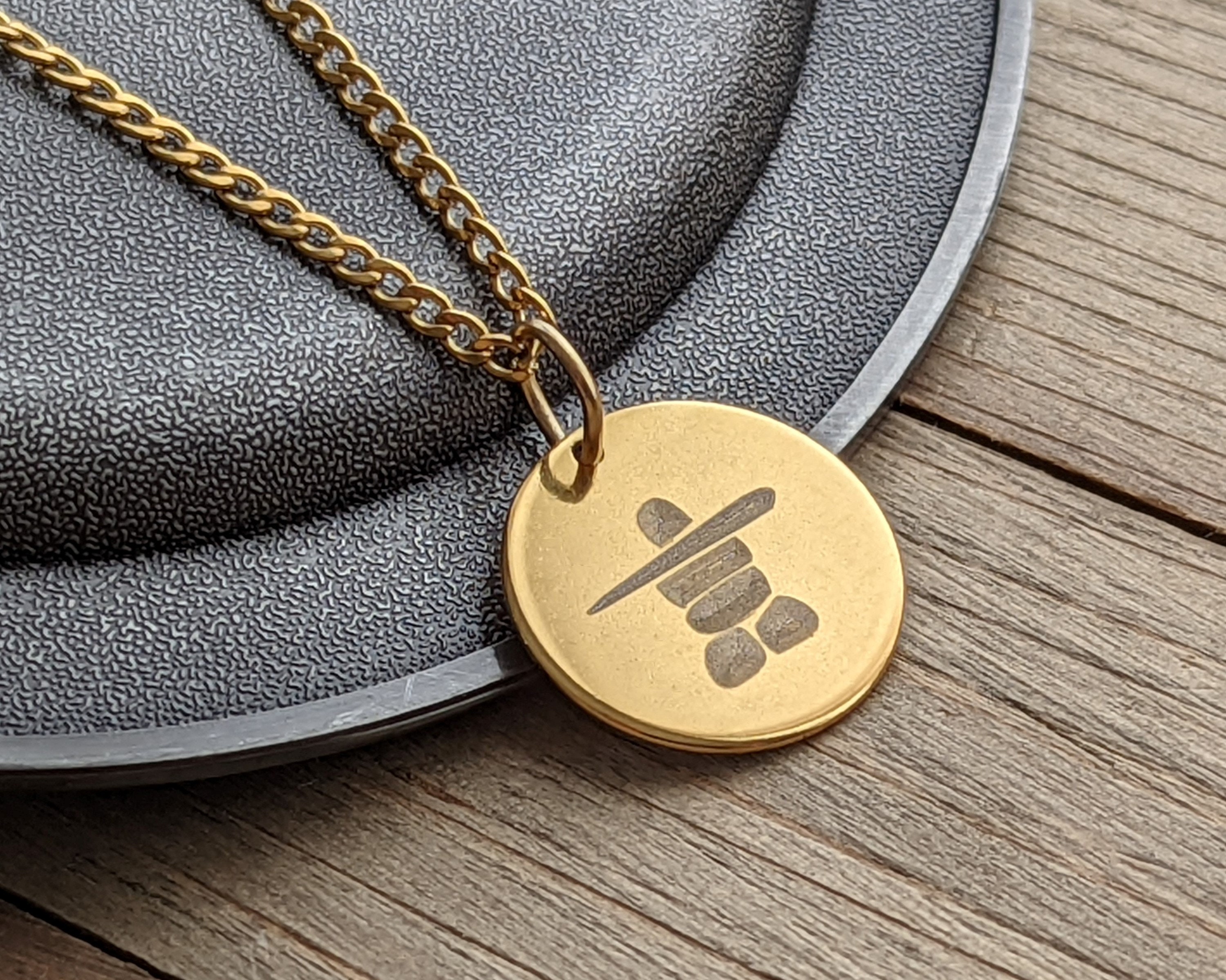 Inukshuk Necklace, 20mm Gold Inukshuk Necklace, Custom Pendant, Circle Medallion Inukshuk Necklace, Personalized Coin Necklace , Men