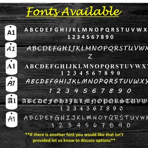 May include: A list of six different fonts with the alphabet and numbers displayed. The text reads "Fonts Available".