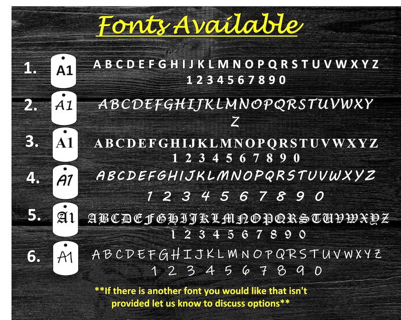 May include: A list of six different fonts with the alphabet and numbers displayed. The text reads "Fonts Available".