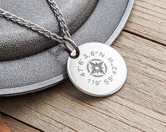 Mens Customized Coin Medallion Necklace,  Personalized Compass Circle Pendant,   Custom Coordinates, Engraved Pendant Necklace for Men