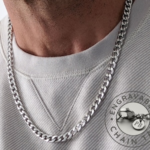 Mens Chain, 7mm Silver Polished Curb Chain, Personalized Chain, Custom Necklace, Engraved Initials, Stainless Steel Necklace for Men