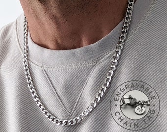 Mens Chain, 7mm Silver Polished Curb Chain, Personalized Chain, Custom Necklace, Engraved Initials, Stainless Steel Necklace for Men