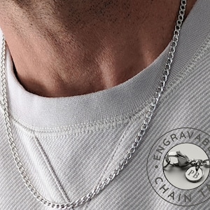 Mens Chain, 4mm Silver Curb Mens Chain, Personalized Mens Chain, Custom Mens Necklace, Engraved Initials, Stainless Steel Necklace for Men