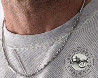 Mens Chain, 2.5mm Silver Polished Box Chain, Personalized Chain, Custom Necklace, Engraved Initials, Stainless Steel Necklace for Men