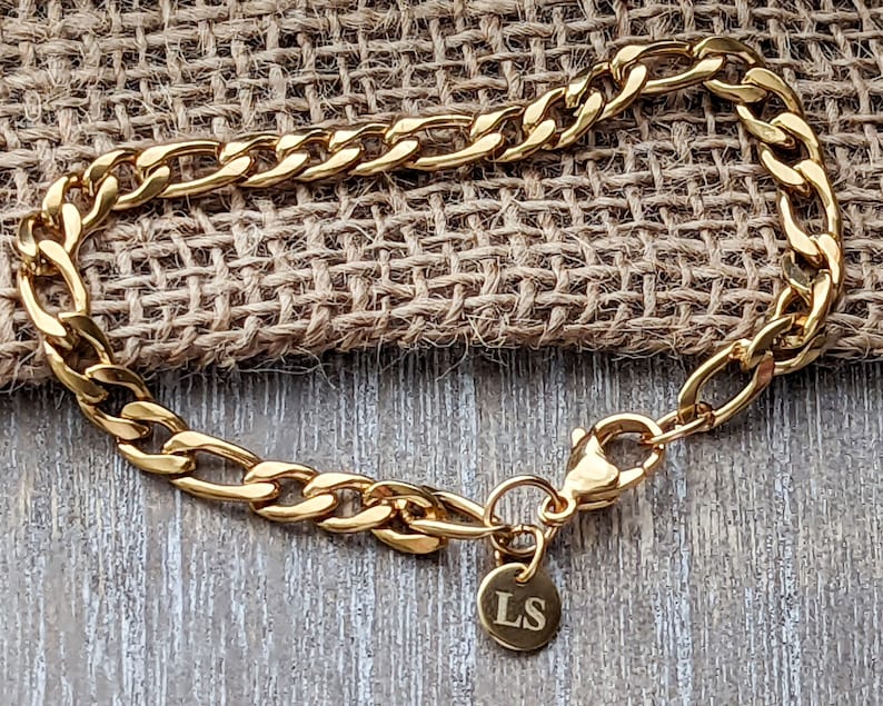 Personalized Mens Bracelet, 6mm Gold Polished Figaro Bracelet, Personalized Bracelet, Custom, Initials, Stainless Steel Bracelet for Men image 1