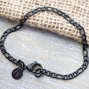 Mens Bracelet, 4mm Black Polished Figaro Bracelet, Personalized Bracelet, Custom Bracelet, Initials, Stainless Steel Bracelet for Men