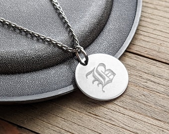 Engraved Letter Medallion Necklace, Custom Coin Pendant, Stainless Steel