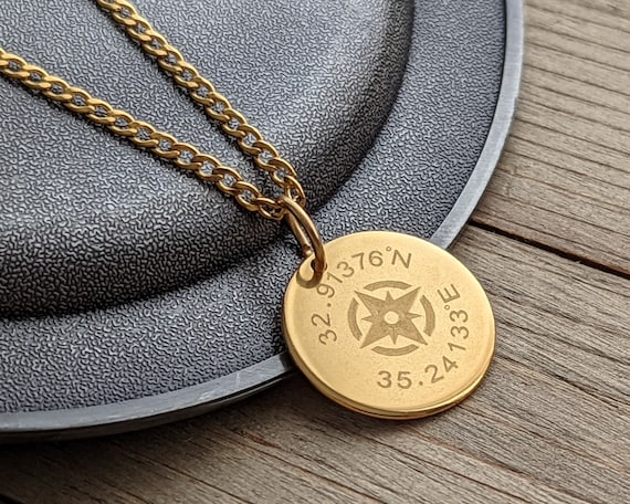 Compass Necklace, 20mm Gold Custom Coordinates Necklace, Custom Pendant, Circle Medallion Engraved Necklace, Compass Coin Necklace , Men